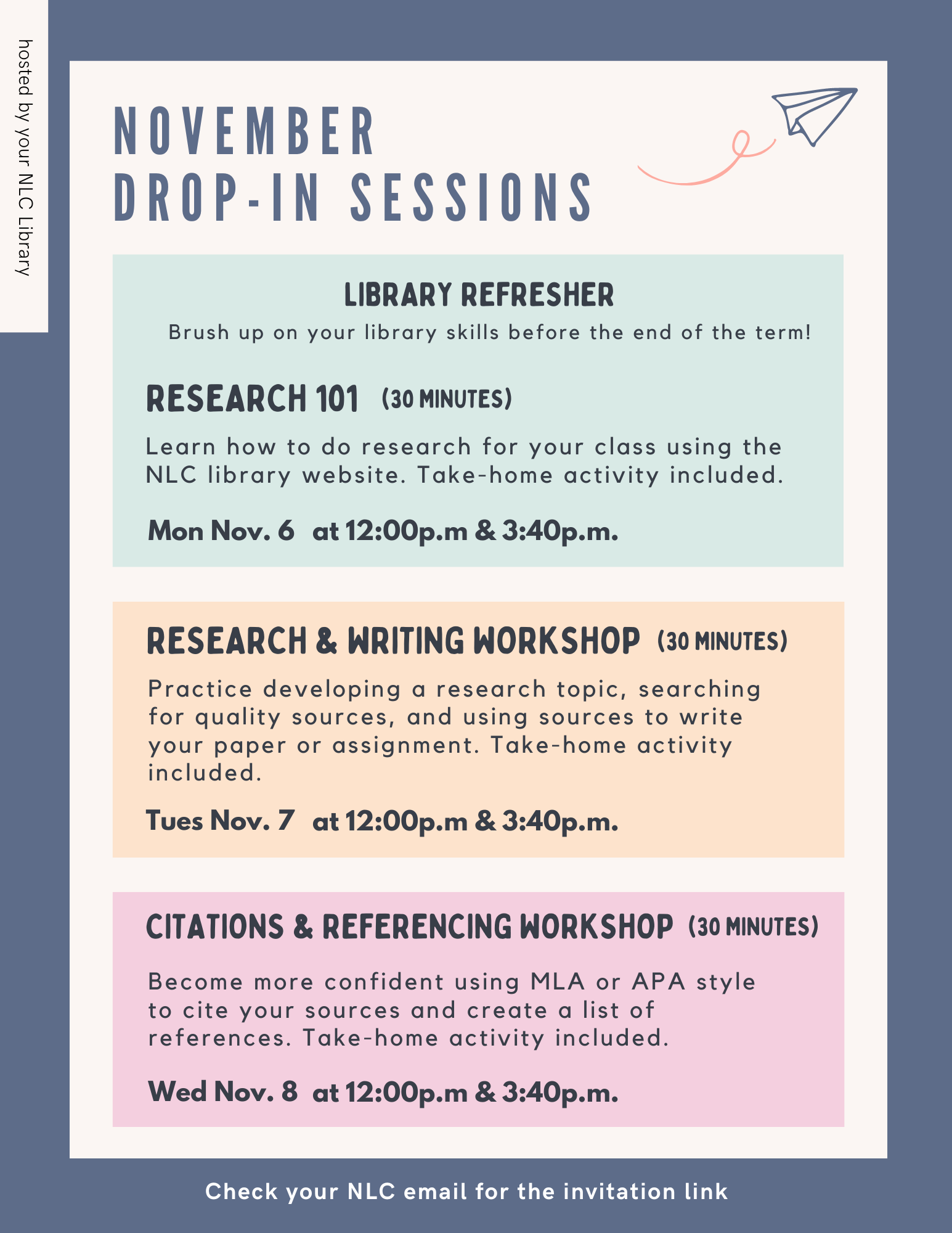 Library Refresher. 30-minute sessions. Research 101 November 6th 12:00pm and 3:40pm. Research and Writing Workshop November 7th 12:00pm and 3:40pm. Citations and Referencing Workshop November 8th 12:00pm and 3:40pm.