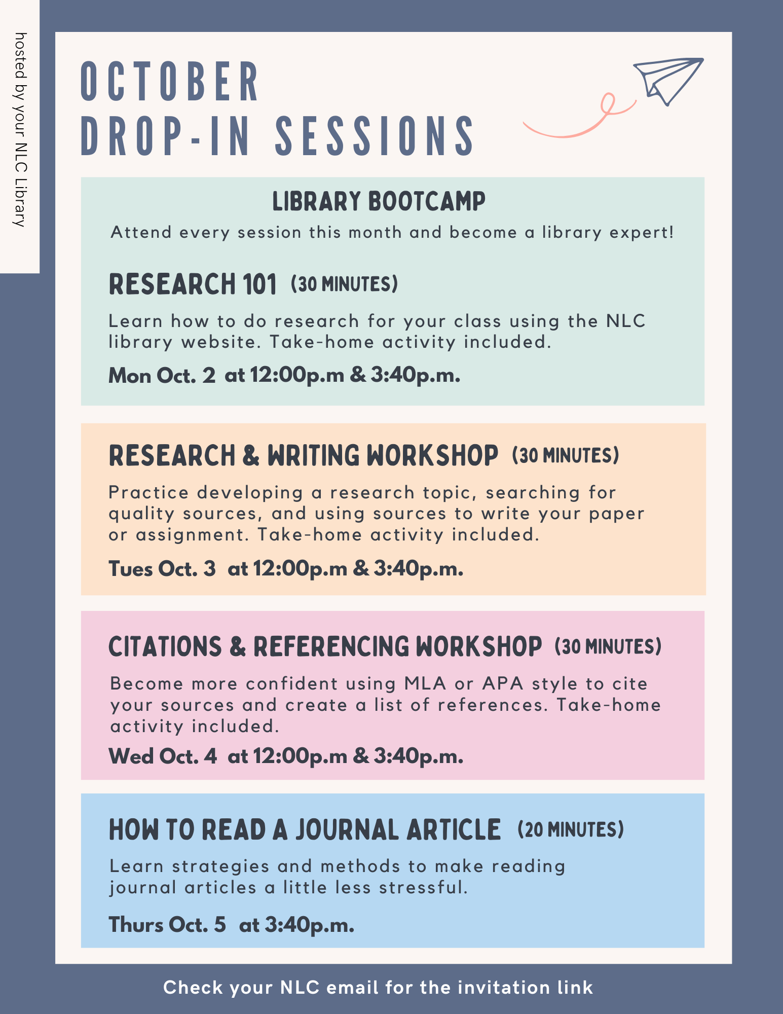 Library Bootcamp. 30-minute sessions. Research 101 October 2nd 12:00pm & 3:40pm. Research and Writing Workshop October 3rd 12:00pm and 3:40pm. Citations & Referencing Workshop October 4th 12:00pm & 3:40pm. How to Read a Journal Article October 5th 3:40pm