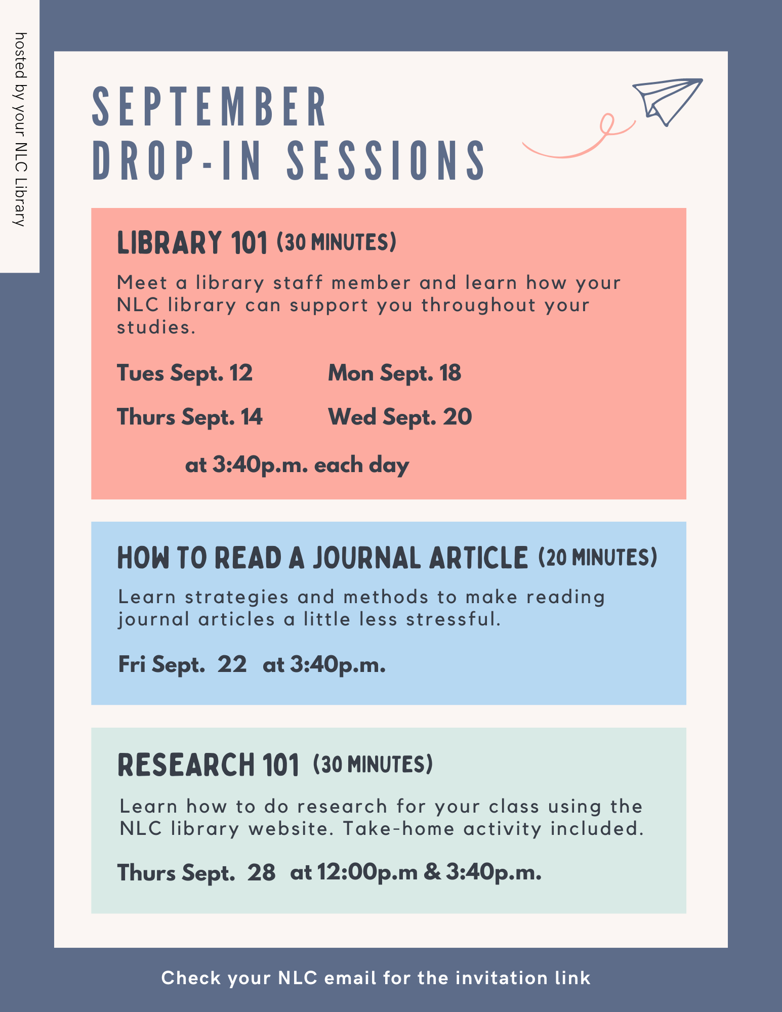 Library 101 September 12th, 14th, 18th, and 20th from 3:40pm to 4:10pm. How to Read a Journal Article September 22nd from 3:40pm to 4:00pm. Research 101 September 28th from 12:00pm to 12:30pm and from 3:40pm to 4:10pm